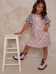Girls Short Sleeve Sequin Midi Dress in Pink