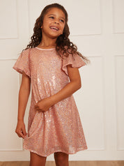 Younger Girls Short Sleeve Sequin Midi Dress in Pink