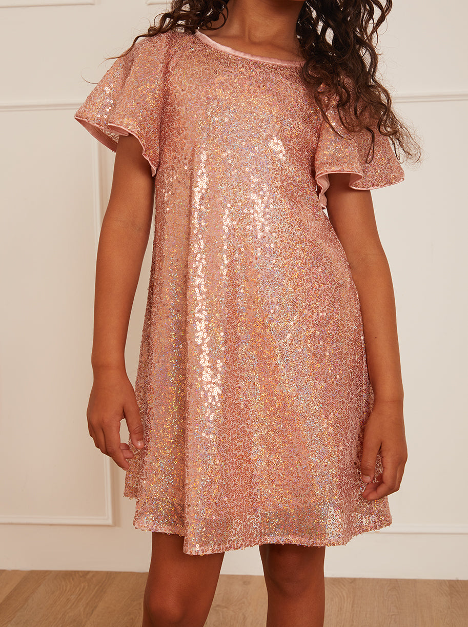 Younger Girls Short Sleeve Sequin Midi Dress in Pink