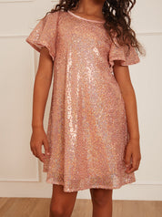 Younger Girls Short Sleeve Sequin Midi Dress in Pink