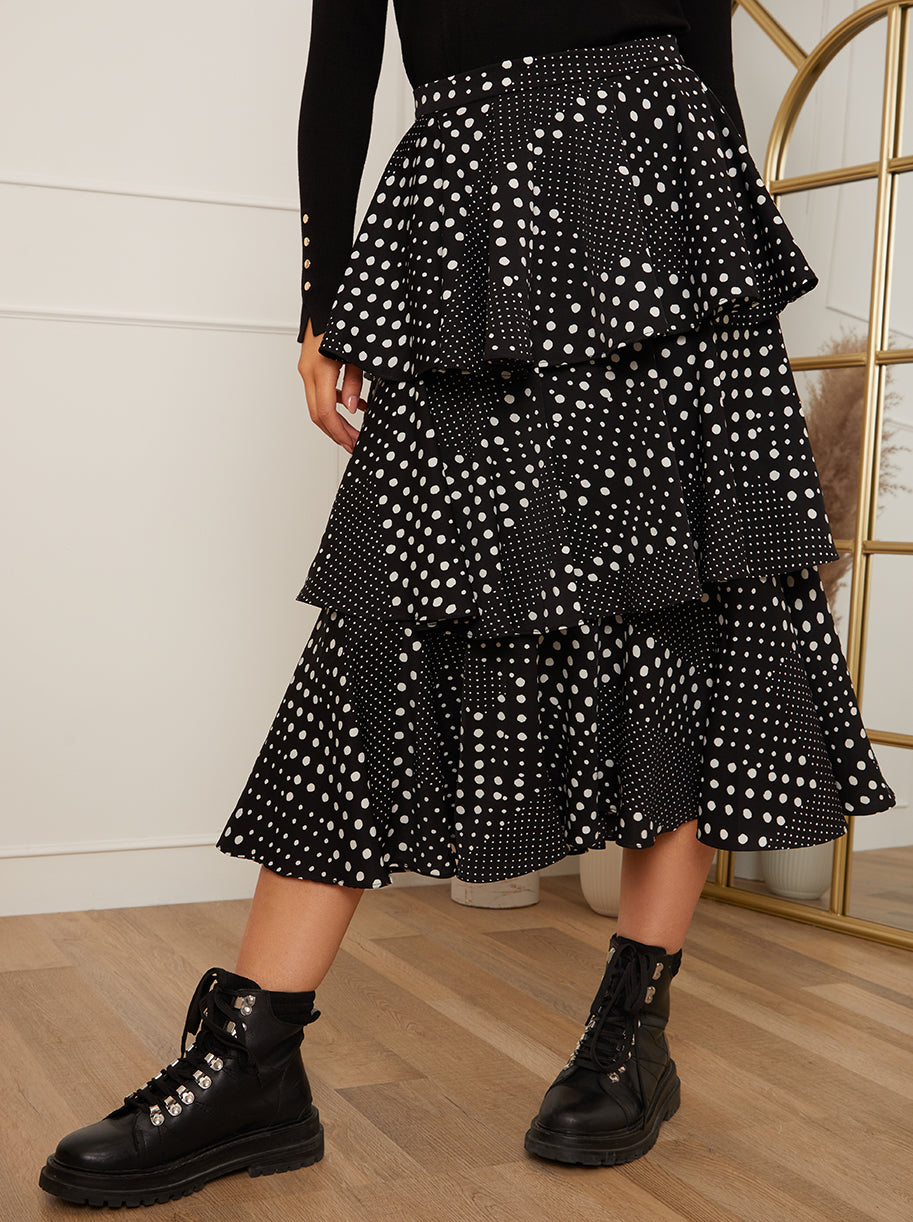 High Waist Tiered Polka Dot Print Midi Skirt in Black