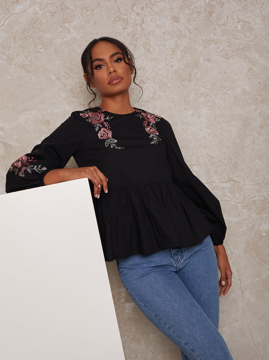 Long Sleeve Embroidered Detail Smock Top in Black