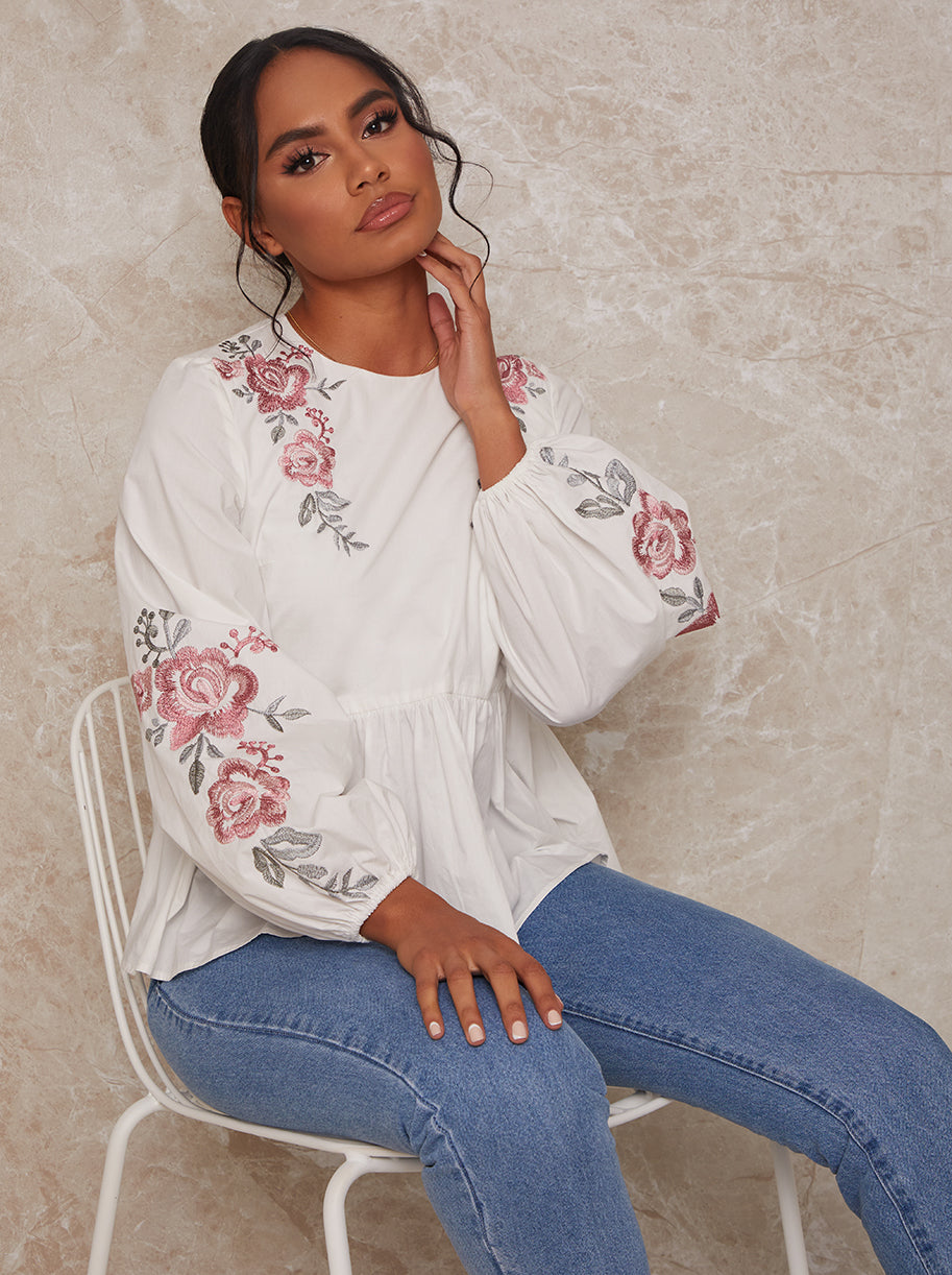 Long Sleeve Embroidered Detail Smock Top in White