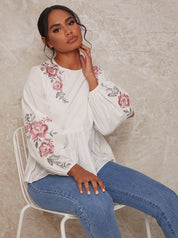 Long Sleeve Embroidered Detail Smock Top in White