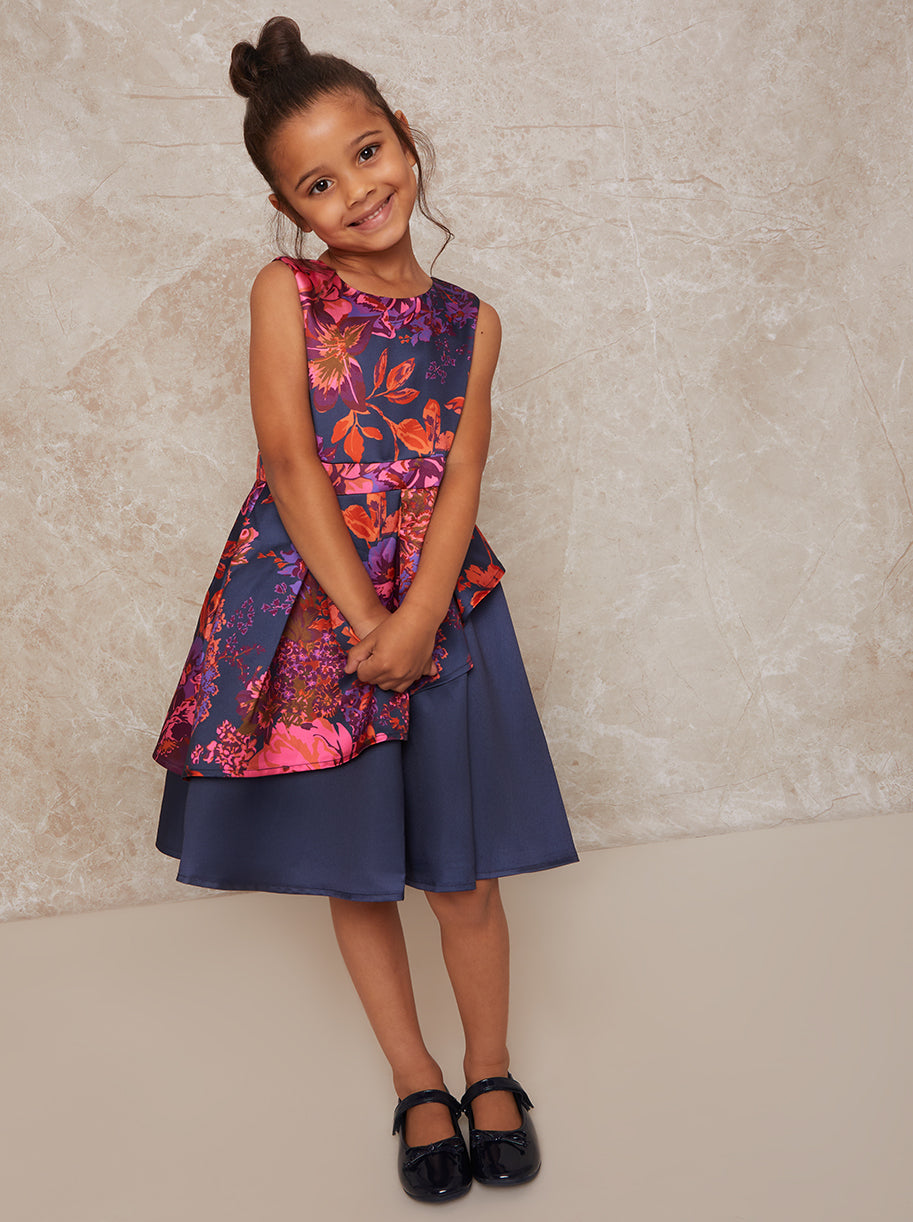Girls Printed Asymmetric Detail Midi Dress in Navy