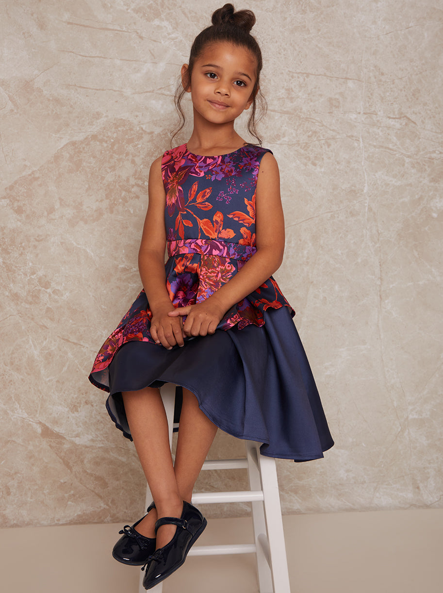Girls Printed Asymmetric Detail Midi Dress in Navy