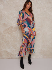 V Neck Puff Sleeve Graphic Print Maxi Dress in Multi