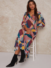 V Neck Puff Sleeve Graphic Print Maxi Dress in Multi