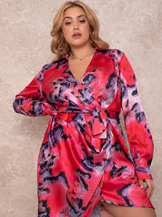 Plus Size Long Sleeve Abstract Print Wrap Shirt Dress in Multi