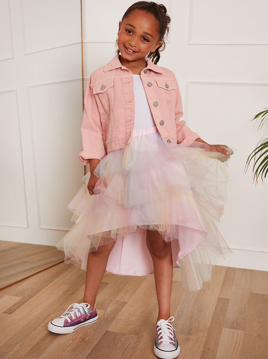 Younger Girls Rainbow Tiered Dip Hem Skirt in Pink