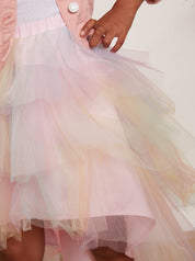 Younger Girls Rainbow Tiered Dip Hem Skirt in Pink
