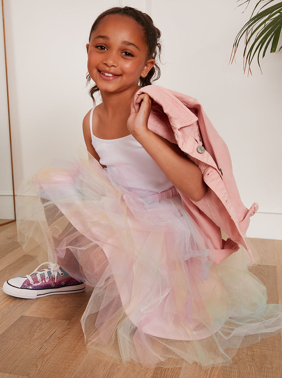 Younger Girls Rainbow Tiered Dip Hem Skirt in Pink