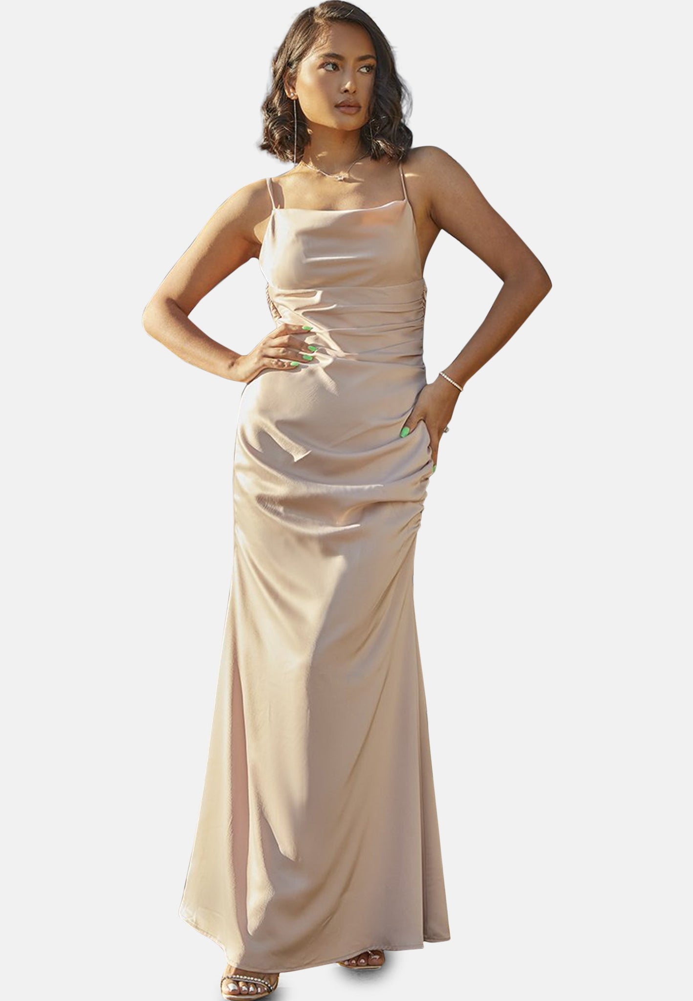 Chi Chi Satin Lace Insert Ruched Maxi Dress in Champagne, Size 16