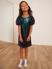 Younger Girls Puff Sleeve Sequin Midi Dress in Green