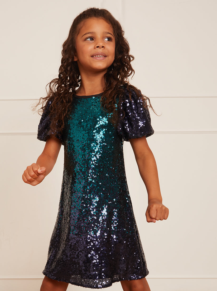 Younger Girls Puff Sleeve Sequin Midi Dress in Green