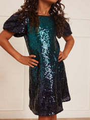 Younger Girls Puff Sleeve Sequin Midi Dress in Green