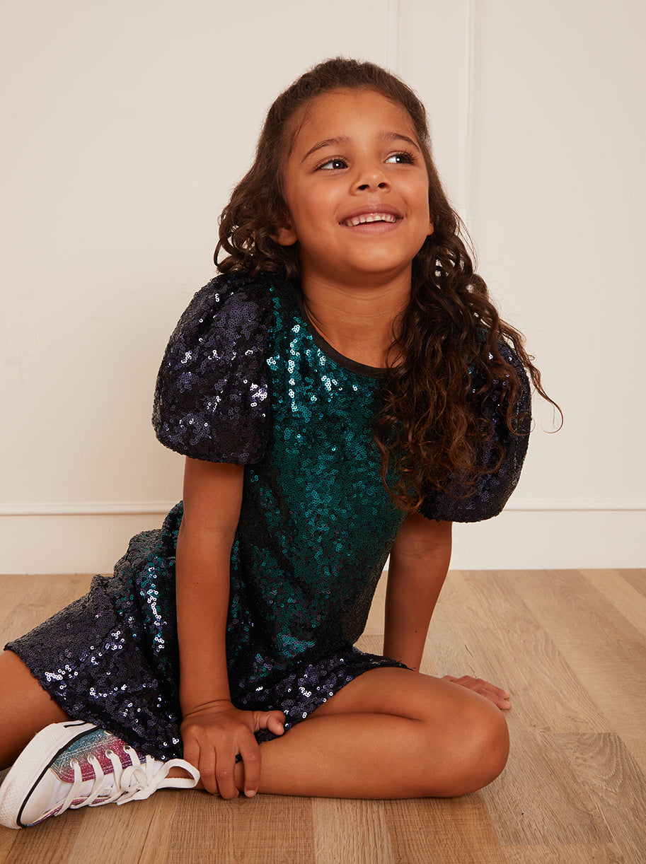 Younger Girls Puff Sleeve Sequin Midi Dress in Green