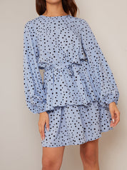 Long Sleeve Spot Print Mini Dress in Blue