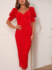 Puff Sleeve Lace Long Midi Dress in Red