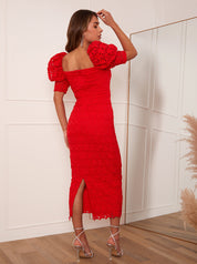 Puff Sleeve Lace Long Midi Dress in Red