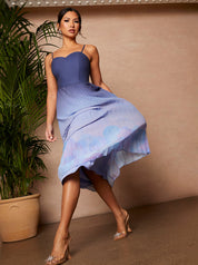 Ombre Floral Print Pleated Midi Dress in Navy