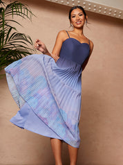 Ombre Floral Print Pleated Midi Dress in Navy
