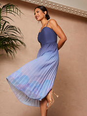 Ombre Floral Print Pleated Midi Dress in Navy