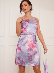 Petite Floral Print Square Neck Mini Dress in Purple