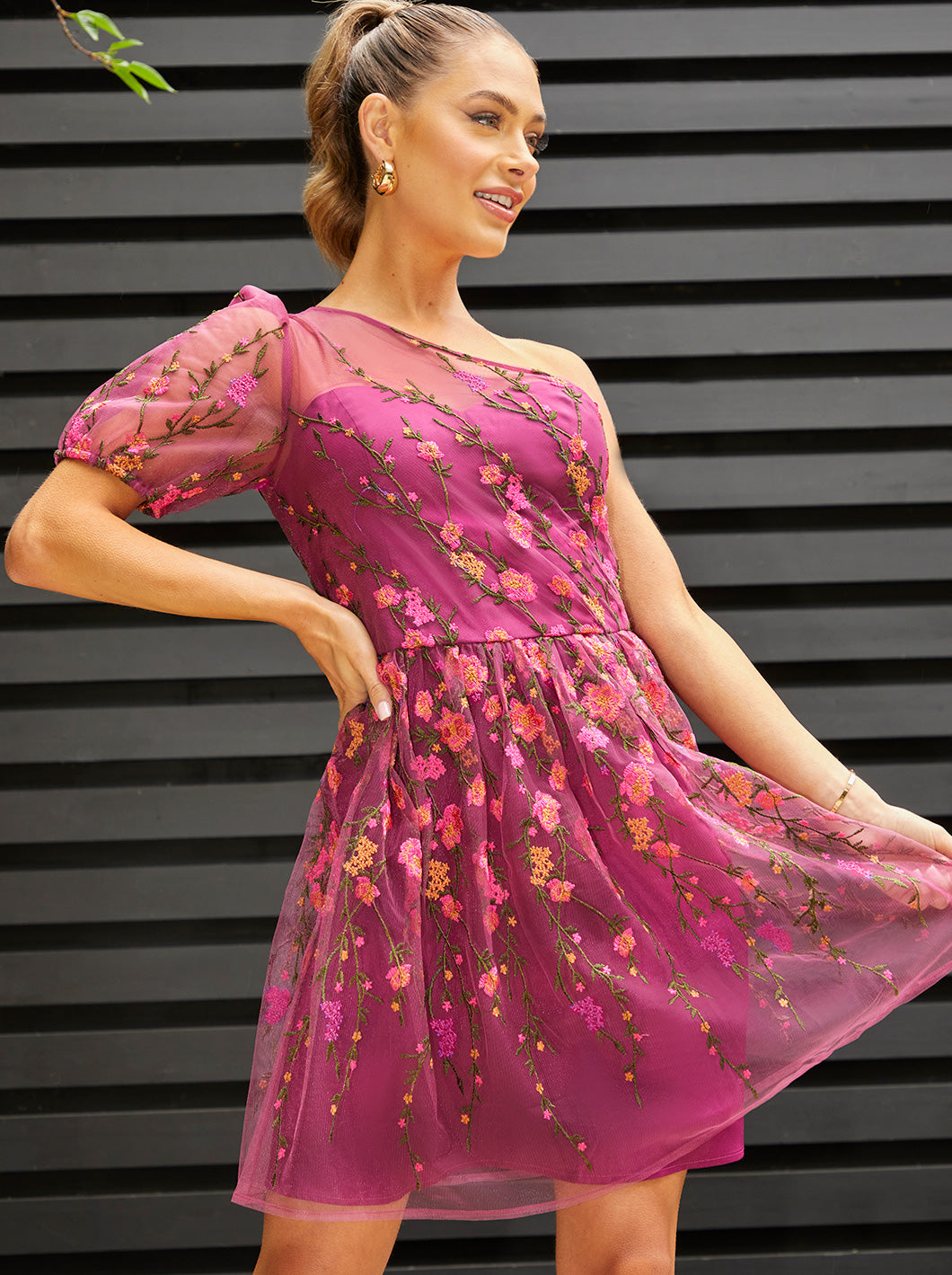 One Shoulder Embroidered Mini Dress in Berry