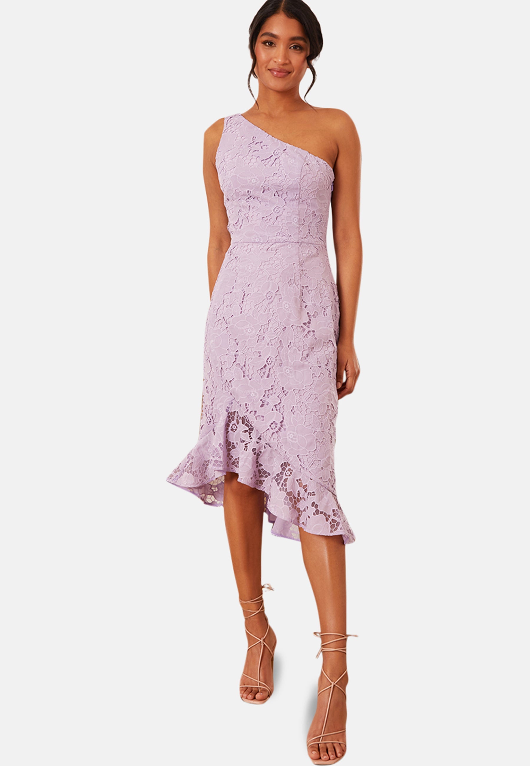 One Shoulder Premium Lace Midi Dress in Lilac