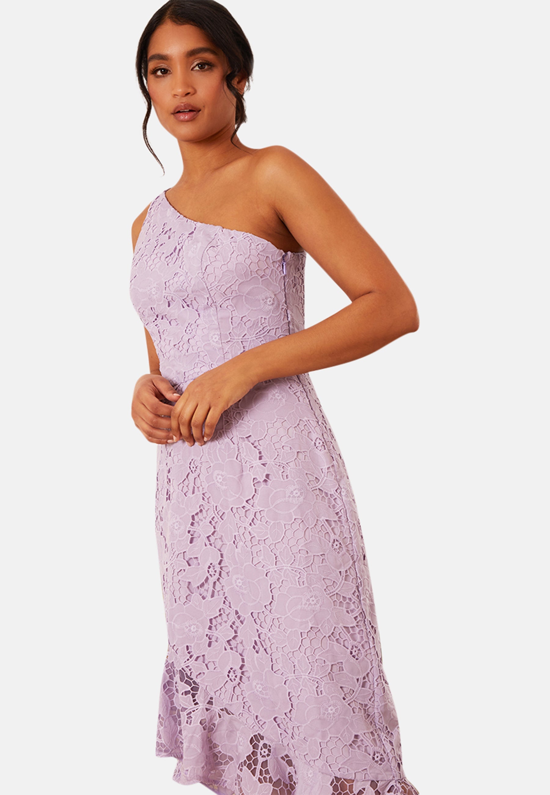 One Shoulder Premium Lace Midi Dress in Lilac