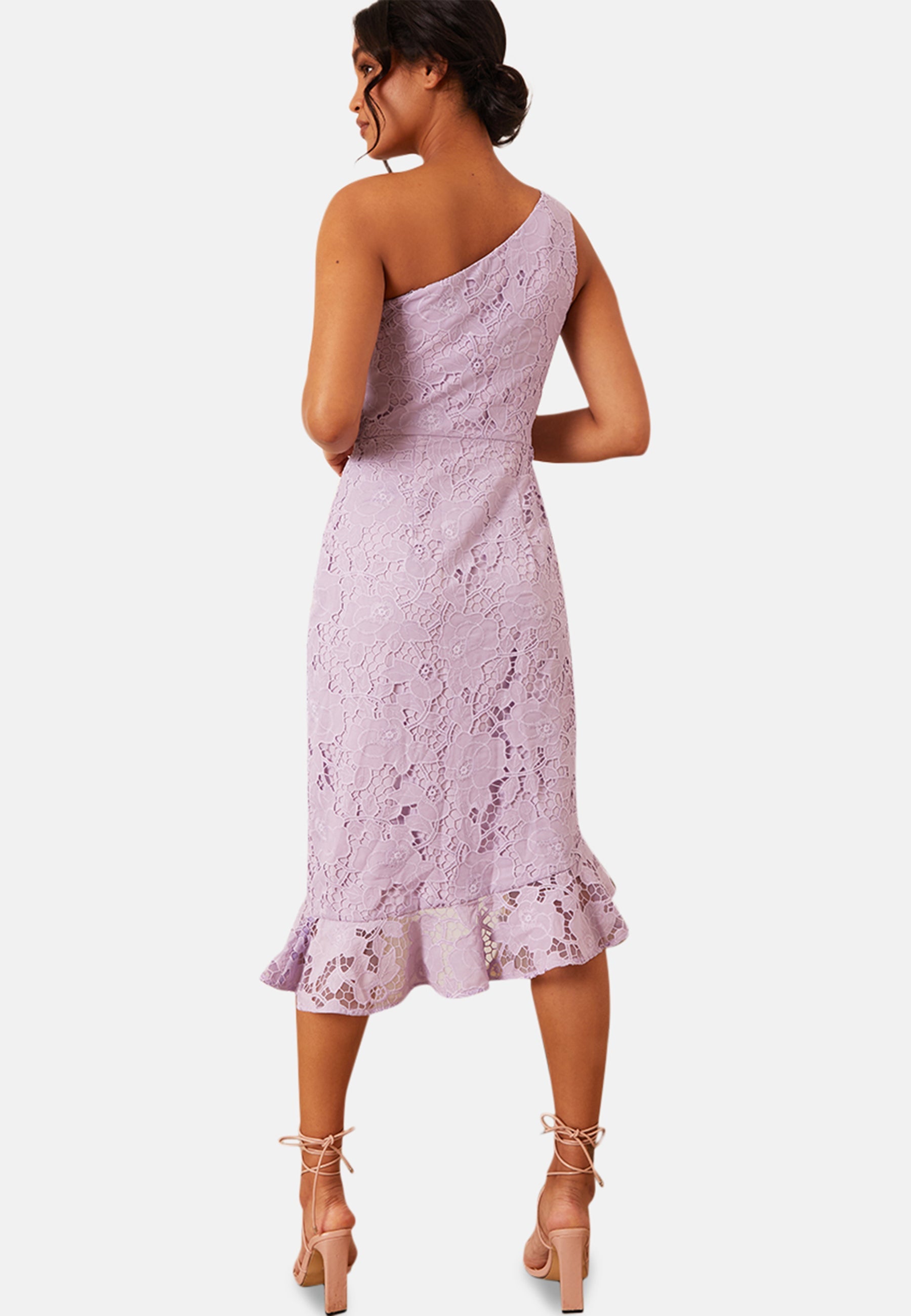 knee length dresses for ladies Asymmetric Neck Floral Satin Midi Dress in Purple 10