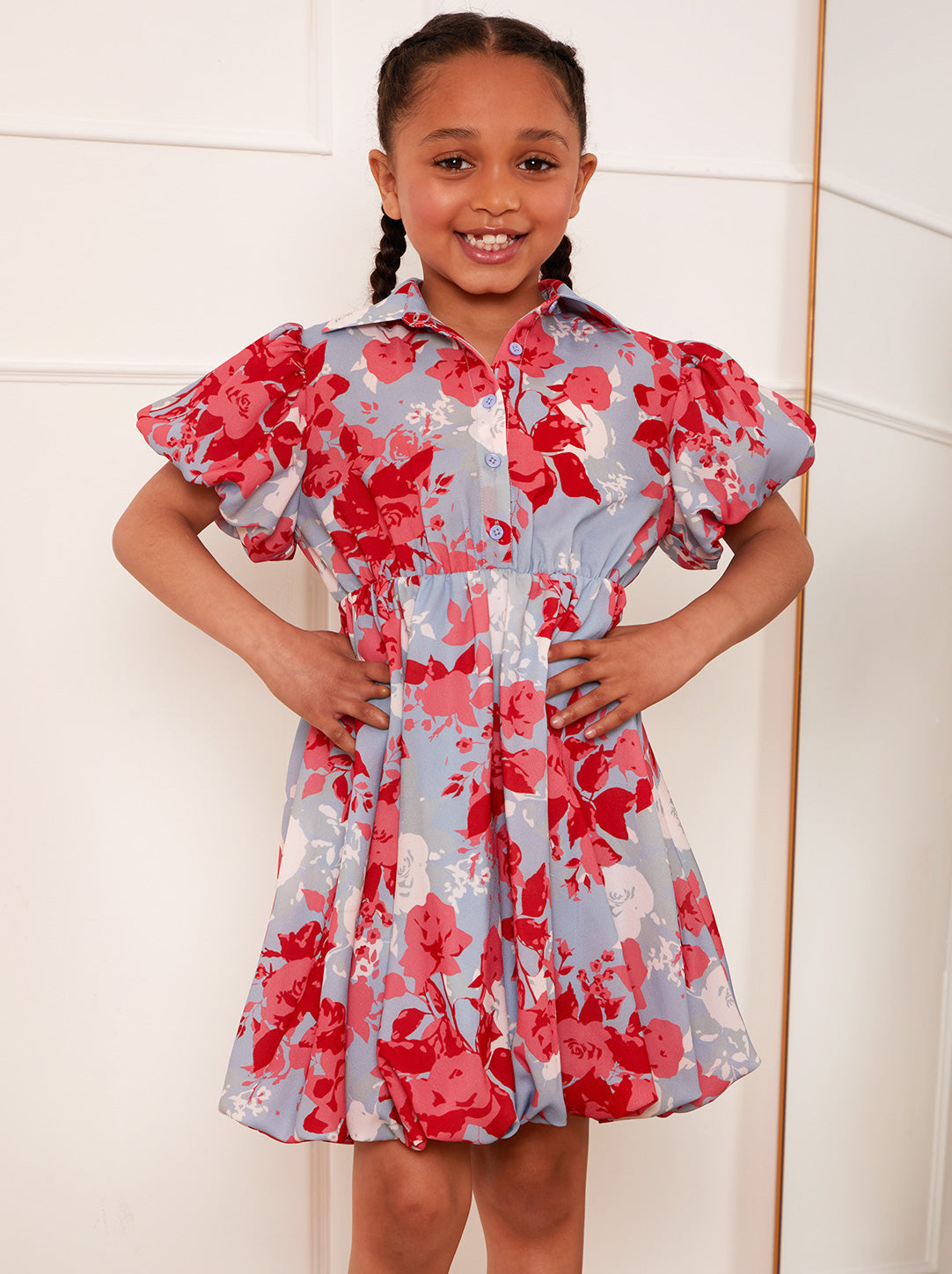 Girls Puff Sleeve Floral Mini Shirt Dress in Blue