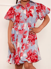 Girls Puff Sleeve Floral Mini Shirt Dress in Blue