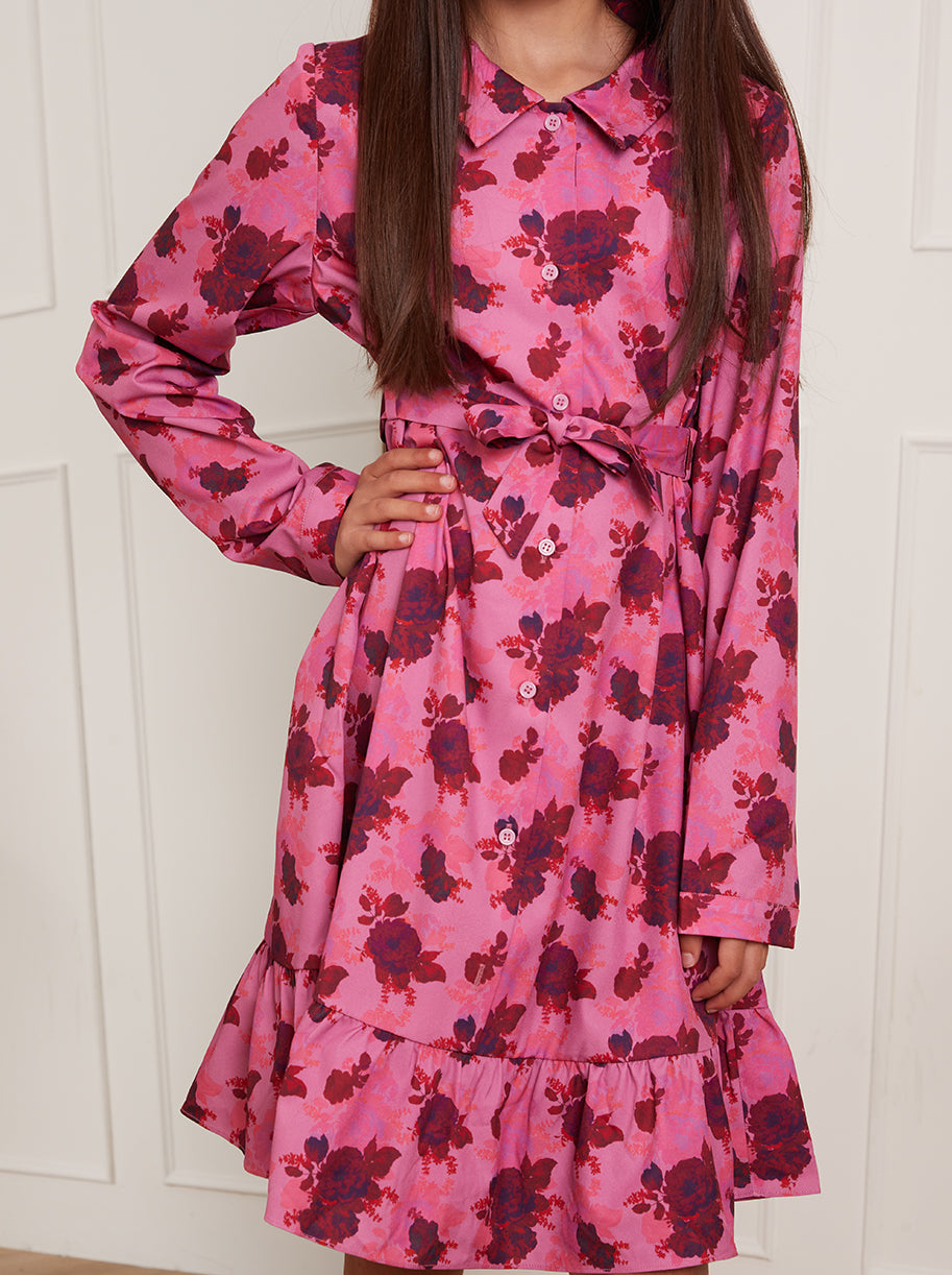 Older Girls Floral Shirt Dress in Pink