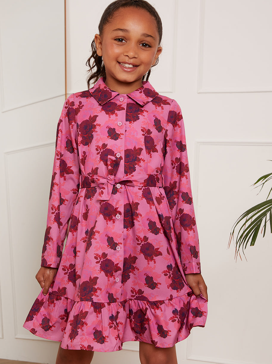 Younger Girls Floral Shirt Dress in Pink
