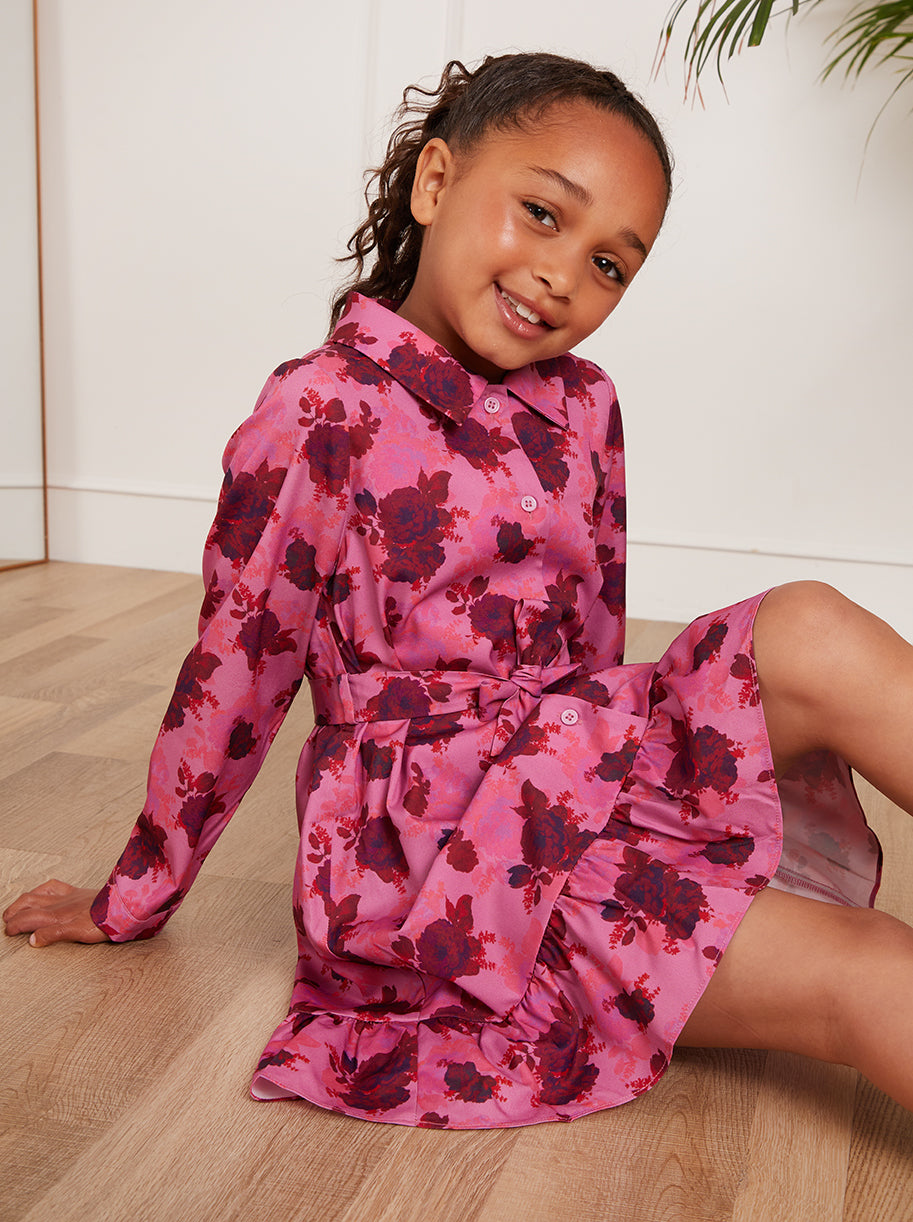 Younger Girls Floral Shirt Dress in Pink
