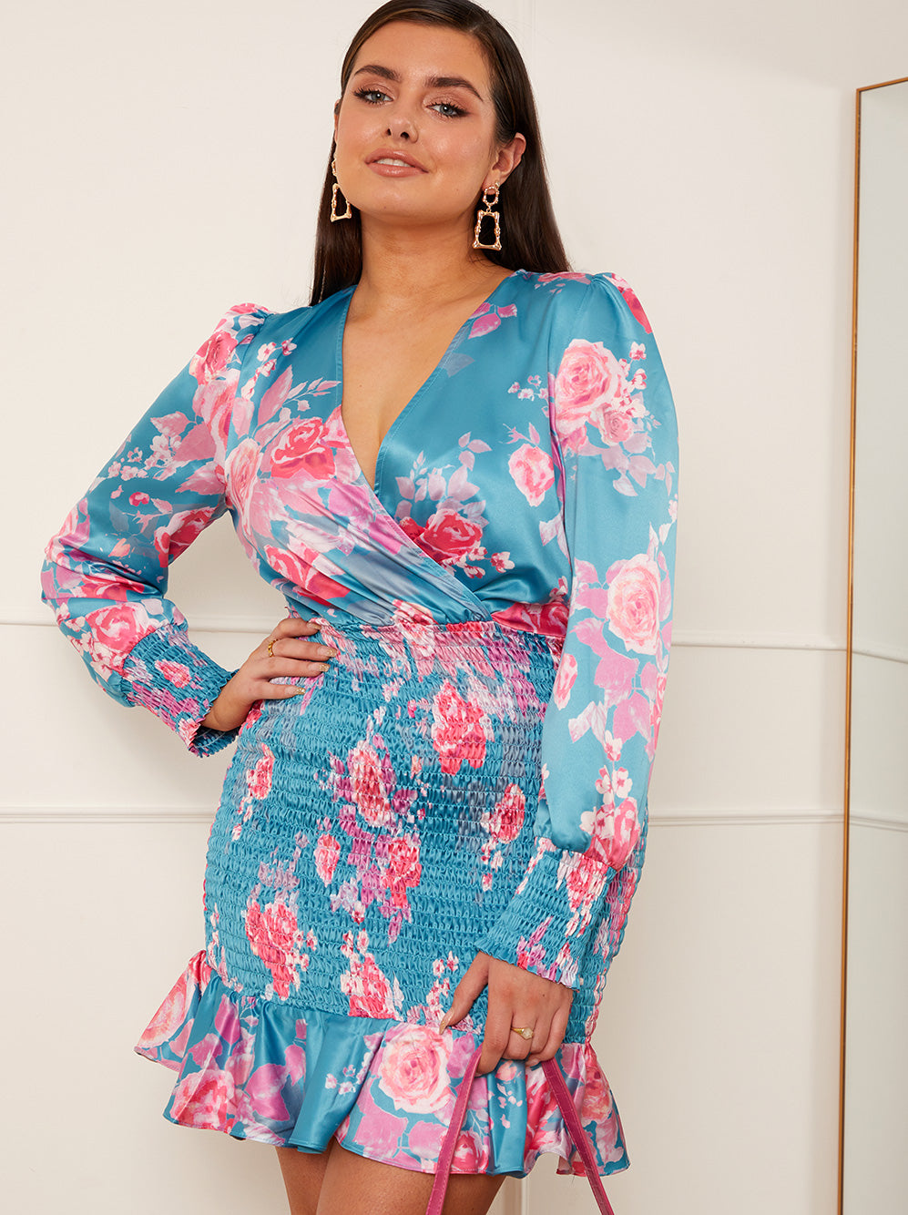 Long Sleeve Shirred Floral Print Mini Dress in Blue