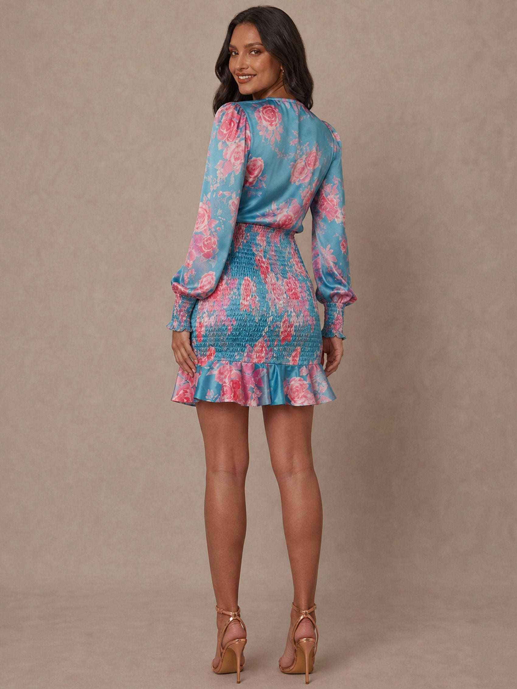 Long Sleeve Shirred Floral Print Mini Dress in Blue