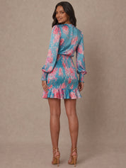 Long Sleeve Shirred Floral Print Mini Dress in Blue