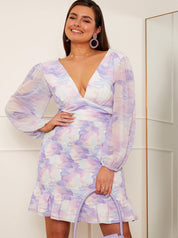 Long Sleeve Shirred Washed Print Mini Dress in Lilac