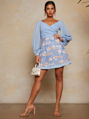 Wrap Front Premium Lace Mini Dress in Blue