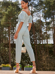 Puff Sleeve Bardot Jumpsuit in Green