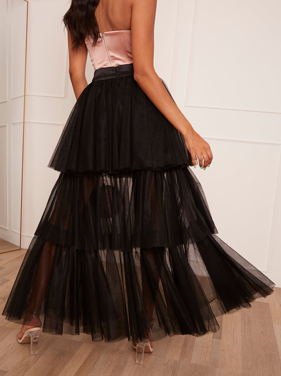 Tiered Tulle Dip Hem Skirt in Black
