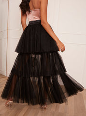 Tiered Tulle Dip Hem Skirt in Black