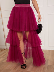 Petite Tiered Tulle Dip Hem Skirt in Purple