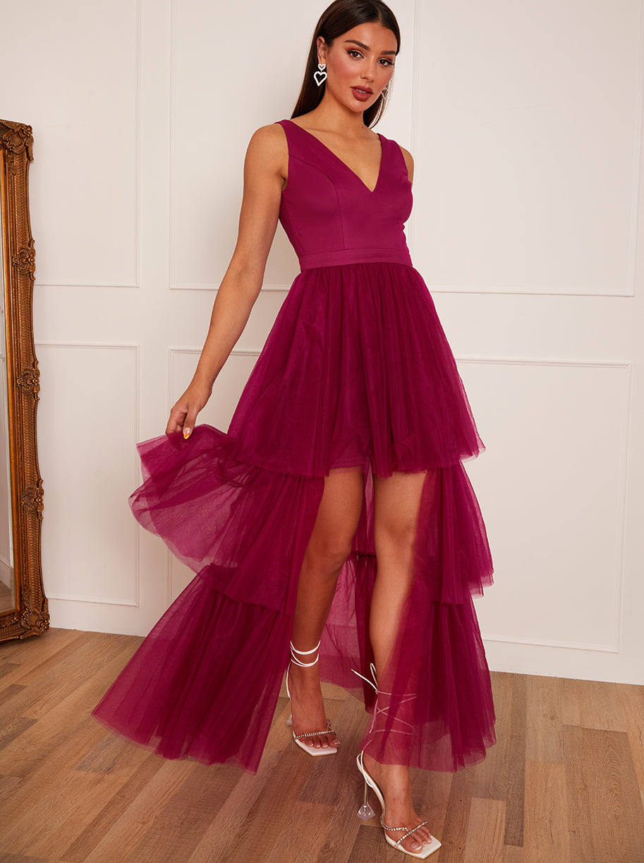 V Neck Tiered Tulle Dip Hem Dress in Berry