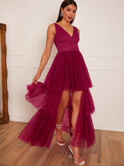 V Neck Tiered Tulle Dip Hem Dress in Berry