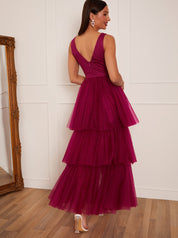 V Neck Tiered Tulle Dip Hem Dress in Berry