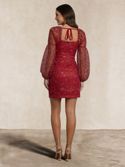 Long Sleeve Floral Lace Mini Dress in Berry